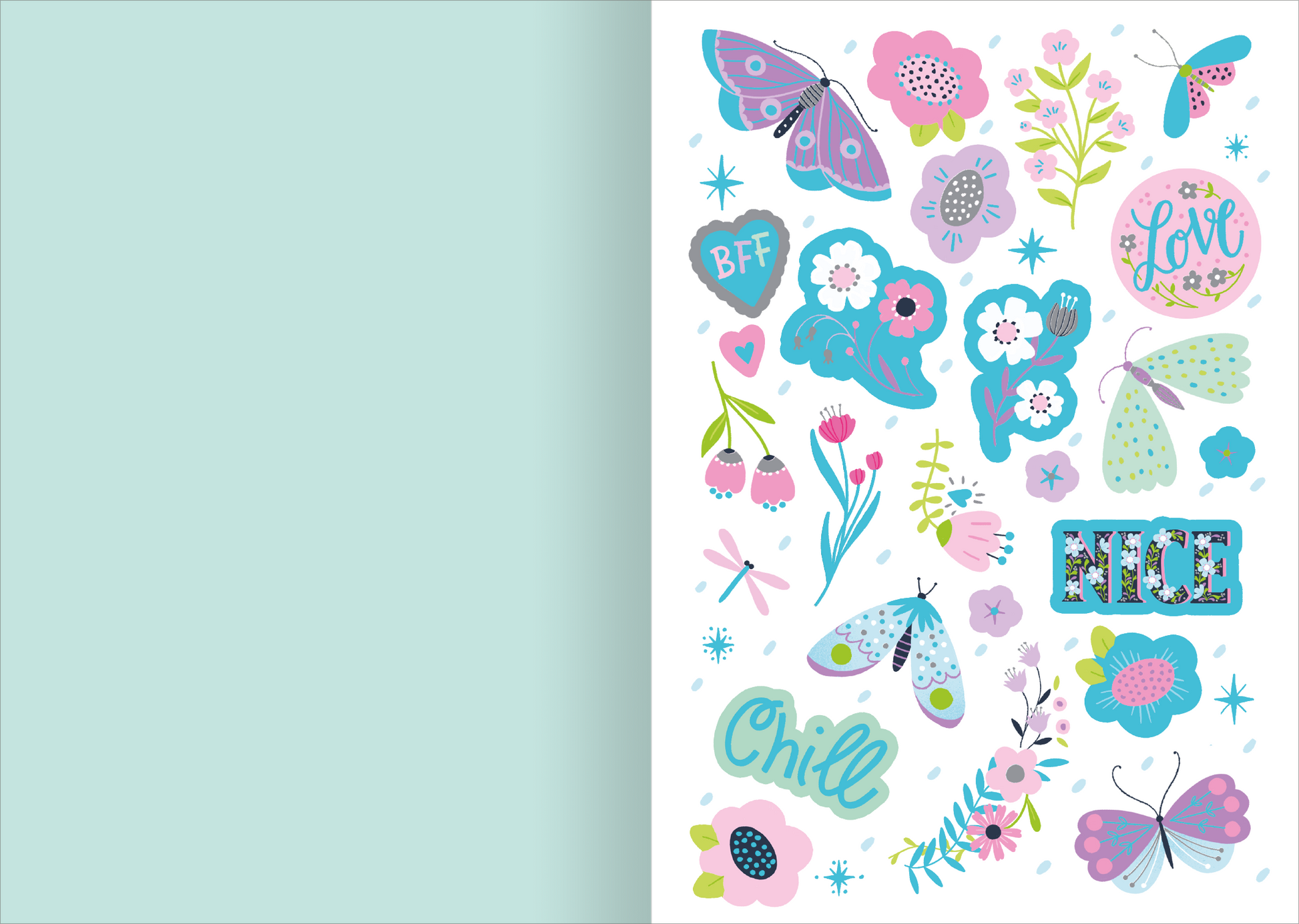 Gezeigt wird eine Innen- oder Zusatzansicht von „I love to sparkle – Sticker-Liebe“. Die Ansicht präsentiert eine bunte Ansammlung von Aufklebern, darunter Schmetterlinge, Blumen und farbenfrohe Schriftzüge wie „BFF“ und „Chill“. Die dominierenden Farben sind sanfte Pastelltöne in Blau, Rosa und Grün, die eine fröhliche und lebhafte Atmosphäre schaffen. Die Typografie ist verspielt und kreativ, verstärkt den Gesamteindruck von Freude und Freundschaft.