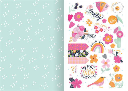Gezeigt wird eine Innen- oder Zusatzansicht von „I love to sparkle – Sticker-Liebe“. Die Seite zeigt eine Vielzahl bunter Sticker, darunter florale Motive, Herzen und bunte Typografie. Dominierende Farben sind Pink, Gelb und Grün auf einem weißen Hintergrund. Auf der linken Seite ist ein mintgrüner Hintergrund mit feinen, weißen Mustern zu sehen. Die Schriftarten variieren von verspielt bis modern, wodurch eine fröhliche und einladende Atmosphäre entsteht.