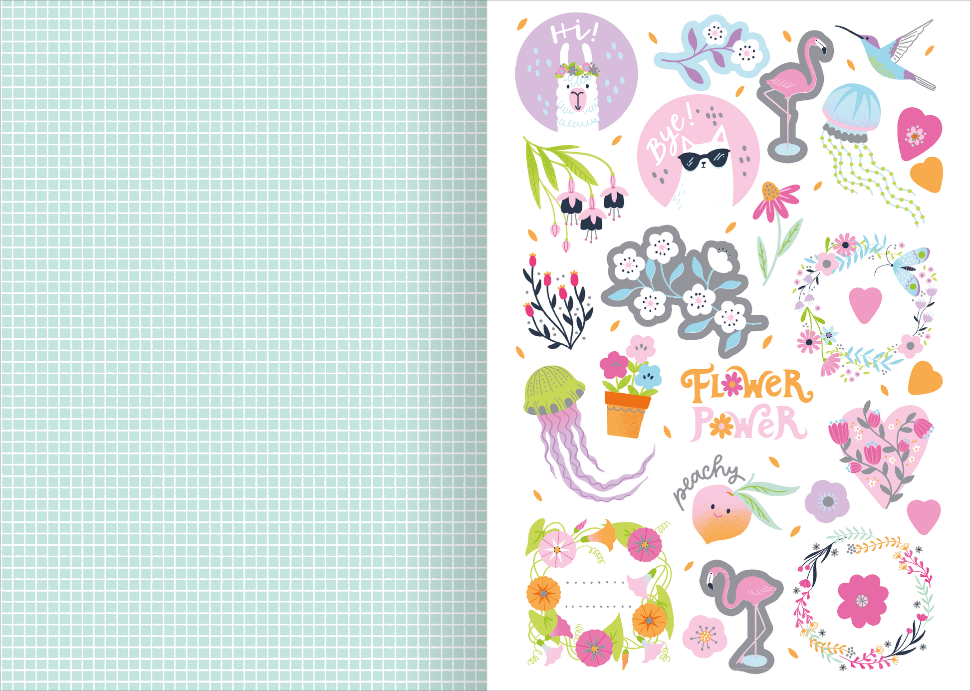 Gezeigt wird eine Innen- oder Zusatzansicht von „I love to sparkle – Sticker-Liebe“. Die Ansicht zeigt eine Vielzahl bunter Sticker auf weißem Hintergrund. Zentrale Elemente sind florale Motive, ein Flamingo, eine Medusa und verschiedene Sprechblasen. Die Farben sind überwiegend pastellfarben, wie Rosa, Grün und Lila, ergänzt durch kräftige Akzente. Typografisch ist der Schriftzug „Flower Power“ in einer verspielten, handschriftlichen Schriftart gestaltet. Im Hintergrund ist ein...