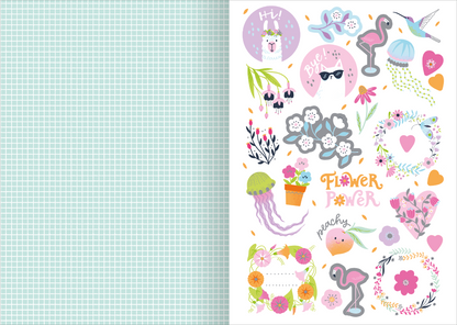 Gezeigt wird eine Innen- oder Zusatzansicht von „I love to sparkle – Sticker-Liebe“. Die Ansicht zeigt eine Vielzahl bunter Sticker auf weißem Hintergrund. Zentrale Elemente sind florale Motive, ein Flamingo, eine Medusa und verschiedene Sprechblasen. Die Farben sind überwiegend pastellfarben, wie Rosa, Grün und Lila, ergänzt durch kräftige Akzente. Typografisch ist der Schriftzug „Flower Power“ in einer verspielten, handschriftlichen Schriftart gestaltet. Im Hintergrund ist ein...