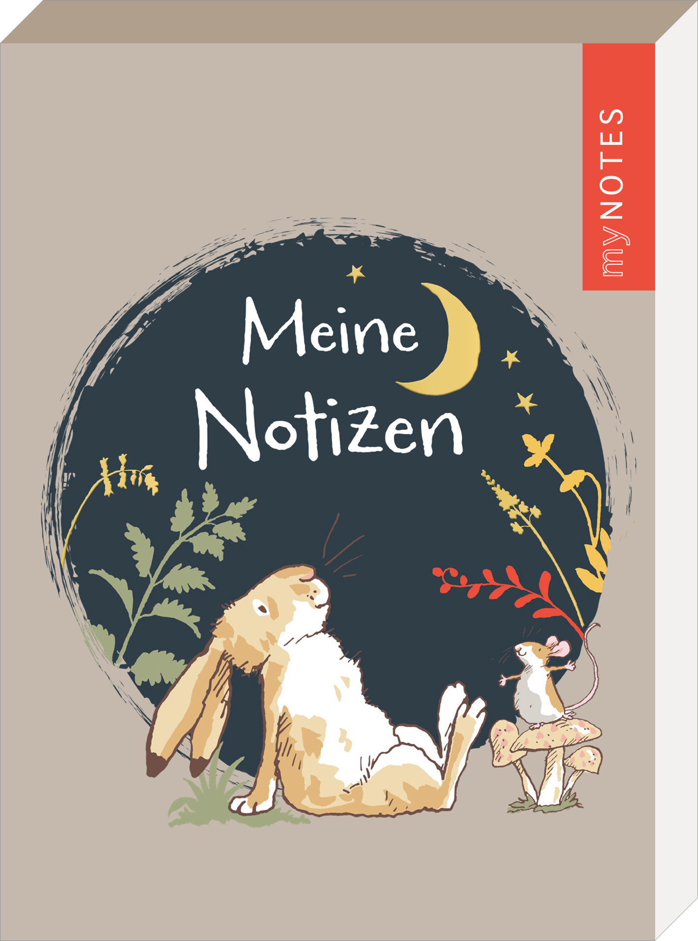 Auf dem Buchcover ist ein sanfter, beiger Hintergrund zu sehen. In der Mitte thront ein dunkler, runder Bereich, der von Pflanzen und einer kleinen Mondsichel umgeben ist. Darin steht in eleganter, handgeschriebener Schrift „Meine Notizen“. Ein lässiger Hase liegt entspannt im Vordergrund, während ein kleiner Maulwurf daneben sitzt. Oben rechts befindet sich ein rotes Feld mit dem Text „myNOTES“. Ganz unten mittig steht der Logoschriftzug von arsEdition.