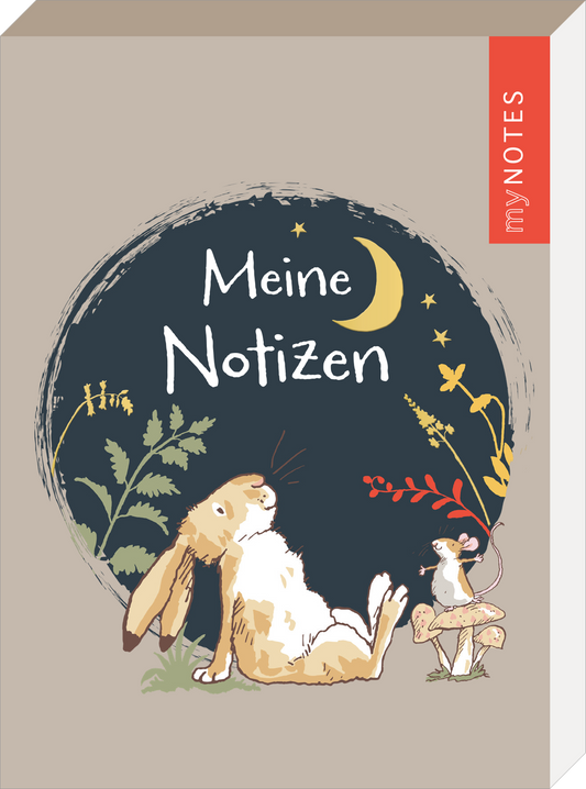 Auf dem Buchcover ist ein sanfter, beiger Hintergrund zu sehen. In der Mitte thront ein dunkler, runder Bereich, der von Pflanzen und einer kleinen Mondsichel umgeben ist. Darin steht in eleganter, handgeschriebener Schrift „Meine Notizen“. Ein lässiger Hase liegt entspannt im Vordergrund, während ein kleiner Maulwurf daneben sitzt. Oben rechts befindet sich ein rotes Feld mit dem Text „myNOTES“. Ganz unten mittig steht der Logoschriftzug von arsEdition.