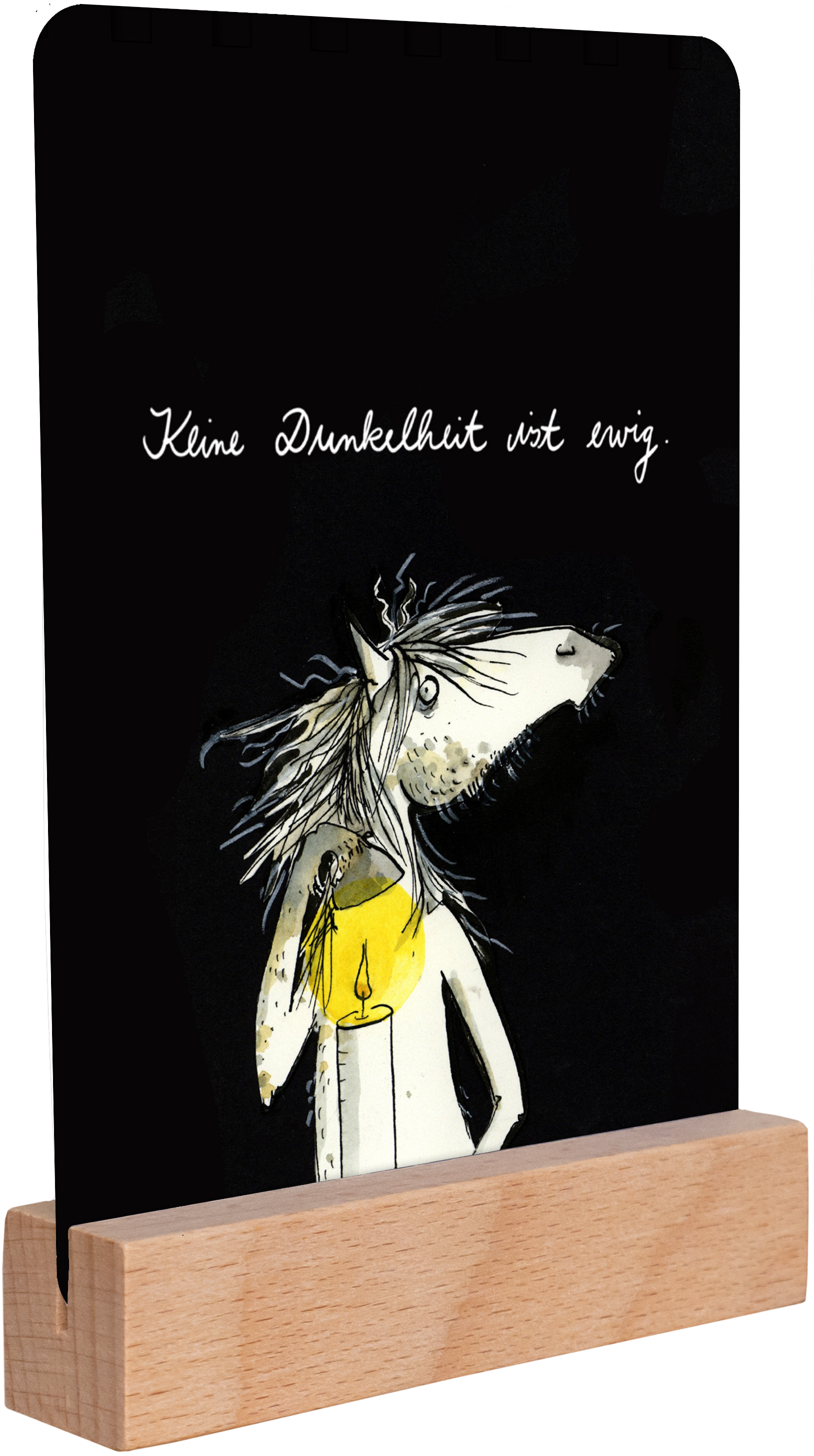 Gezeigt wird eine Innen- oder Zusatzansicht von „Jeden Tag ein Licht für dich“. Auf schwarzem Hintergrund wird eine fantasievolle Illustration eines Pferdes gezeigt, das eine gelbe Laterne hält. Über dem Pferd steht in geschwungener, weißer Schrift der Text „Kleine Dunkelheit ist ewig“. Die Farbkontraste zwischen Schwarz, Weiß und Gelb geben dem Bild eine lebendige und einladende Ausstrahlung. 