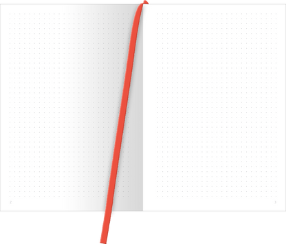 Gezeigt wird eine Innen- oder Zusatzansicht von „myNOTES Papeterie: Notizbuch A5 WDEWLIDH“. Die Ansicht zeigt zwei offene Seiten mit einer hellen, weißen Hintergrundfarbe. Die Seiten sind mit einem feinen, grauen Punktmuster versehen, das eine strukturierte Schreibfläche bietet. Ein leuchtend rotes Lesezeichen ragt im Bild hervor und sorgt für einen farblichen Akzent. Die Gestaltung ist schlicht und modern, ideal für Notizen und kreative Entfaltung.