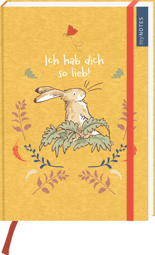 Das Buchcover zeigt einen niedlichen Hasen auf einem leuchtend gelben Hintergrund. Der Hase ist in sanften Braun- und Grautönen gehalten und umgeben von bunten, stilisierten Pflanzenmotiven in Rosa, Blau und Grün. Oben auf dem Cover steht in verspielter Schrift „Ich hab dich so lieb!“. Rechts ist ein blauer Streifen mit „my NOTES“ zu sehen. Ganz unten mittig steht der Logoschriftzug von arsEdition.