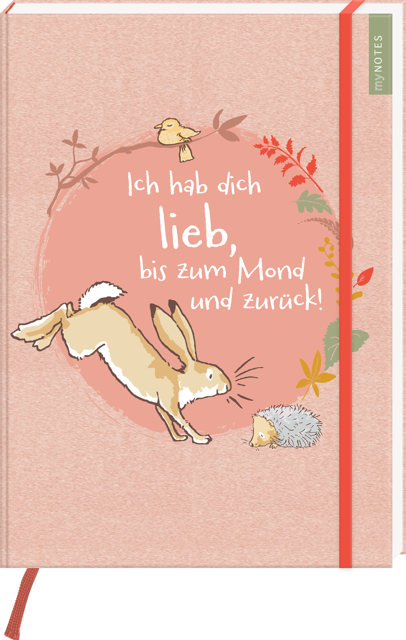 Das Buchcover zeigt einen sanften, peachfarbenen Hintergrund. In der Mitte springt ein niedlicher Hase, umgeben von einer von Blättern und Blumen geschmückten Kreiskomposition, die auch einen kleinen Vogel und einen Igel zeigt. Der Titel „Ich hab dich lieb, bis zum Mond und zurück!“ ist in freundlicher, weißer Schrift gestaltet, wobei das Wort „lieb“ hervorgehoben ist. Ganz oben ist ein grüner Streifen mit „myNOTES“ zu sehen. Ganz unten mittig steht der Logoschriftzug von...