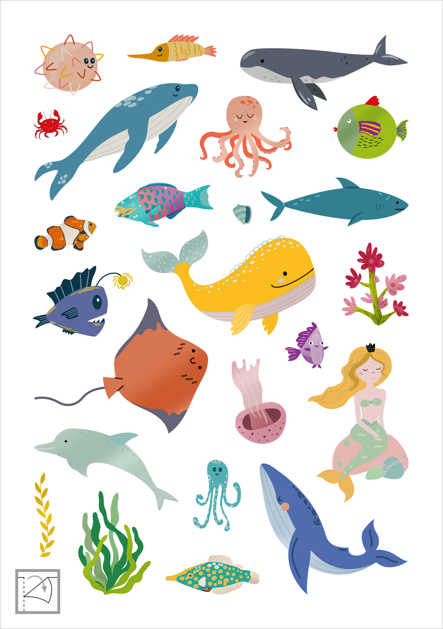 Gezeigt wird eine Innen- oder Zusatzansicht von „Glanz-Sticker – Unterwasserwelt“. Die Ansicht präsentiert eine bunte Vielfalt an Meeresbewohnern wie Fische, Wale und ein Kraken, umgeben von farbenfrohen Pflanzen. Die Illustrationen sind in kräftigen Farben wie Blau, Gelb und Grün gehalten, wobei die Figuren kindgerecht und cartoonhaft gestaltet sind. Die Typografie ist verspielt und passt zum maritimen Thema der Aufkleber, was eine fröhliche und einladende Atmosphäre schafft.