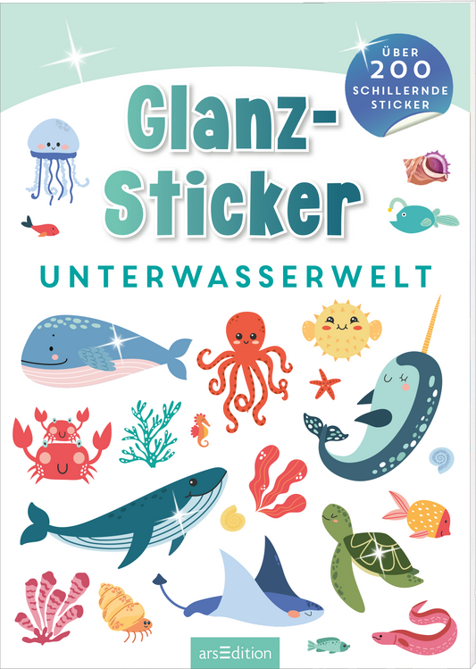 Das Buchcover zeigt eine bunte Unterwasserwelt mit fröhlichen Illustrationen von verschiedenen Meeresbewohnern, darunter Wale, ein Oktopus, Seesterne und bunte Fische. Die Farben sind lebhaft und abwechslungsreich, überwiegend in blau, grün und pink gehalten. Der Titel „Glanz-Sticker“ ist in großen, verspielten Buchstaben oben auf dem Cover platziert, während „UNTERWASSERWELT“ in kleinerem, aber ebenfalls auffälligem Schriftzug darunter steht. Oben rechts befindet sich ein runder...