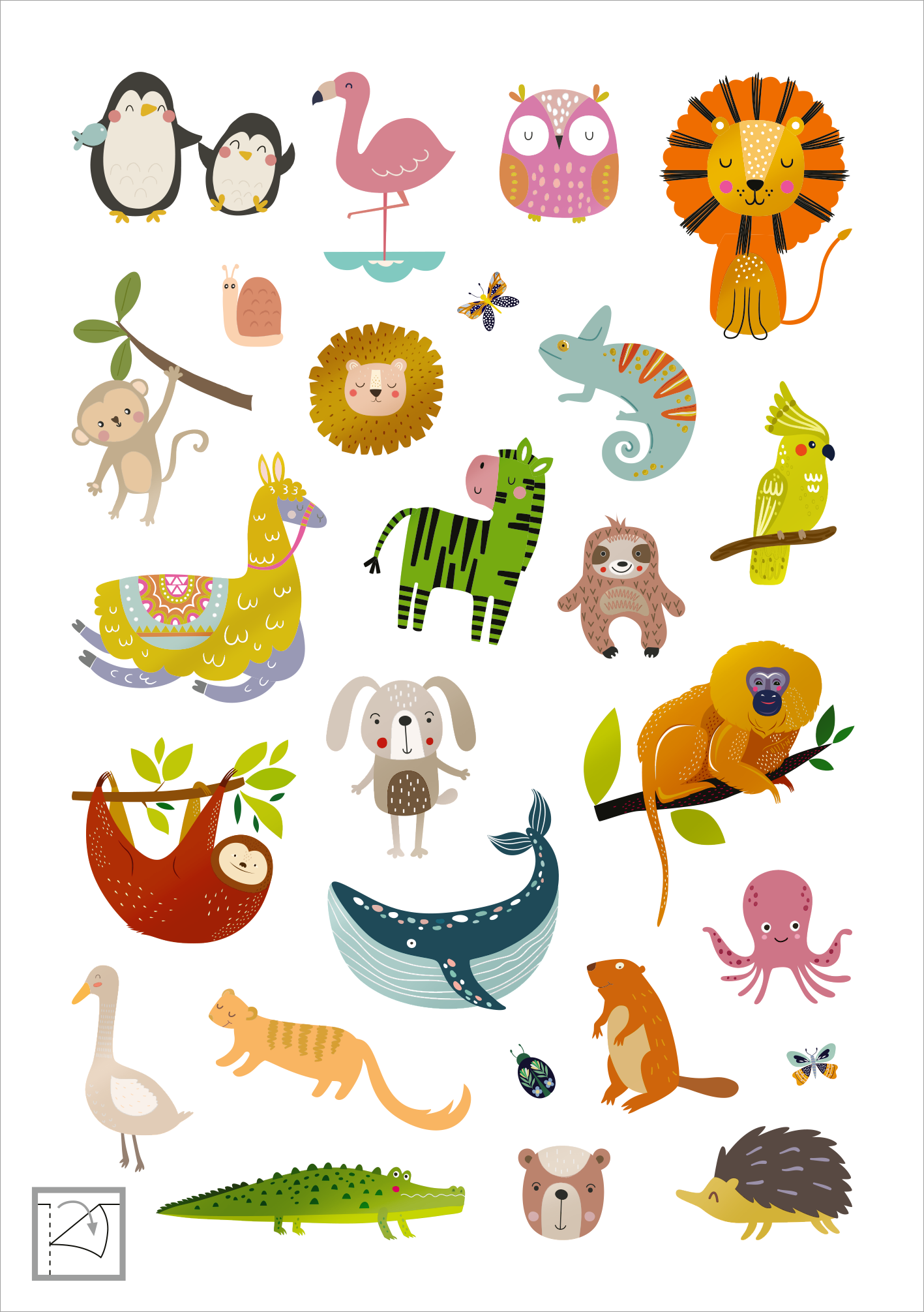 Gezeigt wird eine Innen- oder Zusatzansicht von „Glanz-Sticker – Tiere“. Auf einem hellen Hintergrund sind verschiedene niedliche Tierillustrationen in lebhaften Farben dargestellt. Die Tiere umfassen einen Elefanten, einen Löwen, einen Flamingo und viele andere, die in spielerischem Design gestaltet sind. Die Typografie ist verspielt und rund, passend zur verspielten Darstellung. Die Farbpalette ist bunt und zieht sich in sanften Pastelltönen bis zu kräftigen Farben.