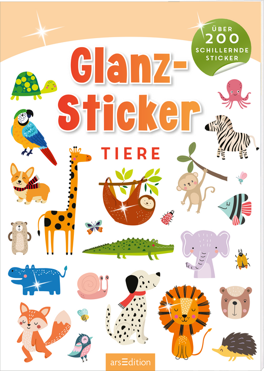 Das Buchcover zeigt eine bunte und verspielte Anordnung von verschiedenen Tieren, darunter ein Giraffe, ein Faultier, ein Papagei und ein Elefant. Die Farben sind hell und lebhaft, mit einem gelben Hintergrund und vielen lebendigen Illustrationen. Der Titel „Glanz-Sticker“ leuchtet in großen, orangefarbenen Buchstaben und darunter steht „TIERE“ in kleinerer Schrift. Oben links befindet sich ein grüner Button mit der Aufschrift „Über 200 schillernde Sticker“. Ganz unten mittig...