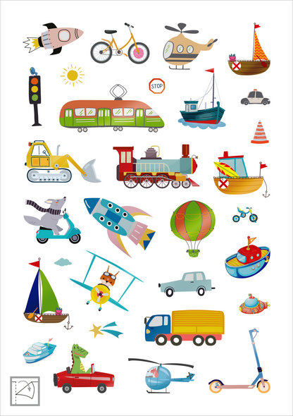 Gezeigt wird eine Innen- oder Zusatzansicht von „Glanz-Sticker Fahrzeuge“. Die Ansicht zeigt eine Vielzahl von bunten Fahrzeugstickern, darunter ein rotes Feuerwehrauto, ein grünes Schiff und verschiedene Fahrräder. Dominierende Farben sind Rot, Blau und Gelb, die lebhaft und ansprechend wirken. Die Typografie wird durch kleine, klare Symbole unterstützt, ergänzt durch einfache grafische Elemente wie Sonne, Wolken und Verkehrsschilder, die die Themen Verkehr und Reisen unterstreichen.