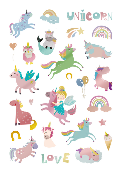 Gezeigt wird eine Innen- oder Zusatzansicht von „Glanz-Sticker – Einhörner“. Die Darstellung zeigt eine bunte Sammlung von Einhörnern in verschiedenen Posen und Farben, einschließlich rosa, blau und grün. Zudem sind niedliche Begleitfiguren wie ein Meerjungfrau und eine Eule abgebildet. Regenbogen, Sterne und Luftballons verleihen der Szene einen verspielten Charakter. Die verwendete Schrift ist verschnörkelt und in sanften Pastelltönen gehalten, wobei die Worte „UNIKORN“ und...