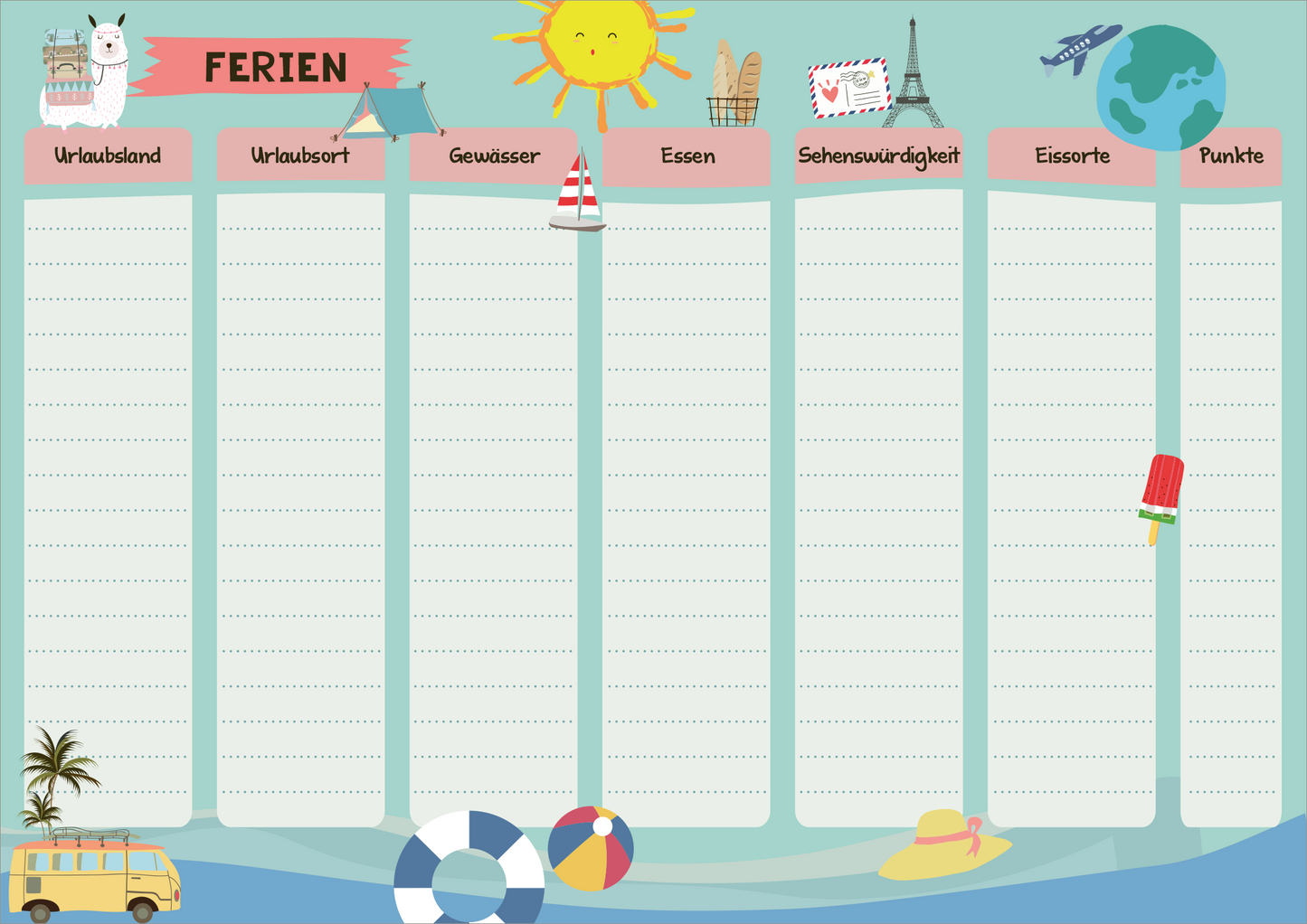 Gezeigt wird eine Innen- oder Zusatzansicht von „Stadt, Land, Ferienspaß“. Die Ansicht zeigt ein farbenfrohes Layout auf einem hellblauen Hintergrund mit verspielten Illustrationen. Oben steht das Wort „FERIEN“ in kräftigem Rot. Es sind fünf Kategorien in sanften Farben für Einträge angeordnet: „Urlaubsland“, „Urlaubsort“, „Gewässer“, „Essen“ und „Sehenswürdigkeit“. Am Rand sind Urlaubssymbole wie ein Sonnensymbol, ein Eis und ein Luftballon platziert. Die...
