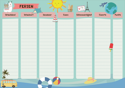 Gezeigt wird eine Innen- oder Zusatzansicht von „Stadt, Land, Ferienspaß“. Die Ansicht zeigt ein farbenfrohes Layout auf einem hellblauen Hintergrund mit verspielten Illustrationen. Oben steht das Wort „FERIEN“ in kräftigem Rot. Es sind fünf Kategorien in sanften Farben für Einträge angeordnet: „Urlaubsland“, „Urlaubsort“, „Gewässer“, „Essen“ und „Sehenswürdigkeit“. Am Rand sind Urlaubssymbole wie ein Sonnensymbol, ein Eis und ein Luftballon platziert. Die...