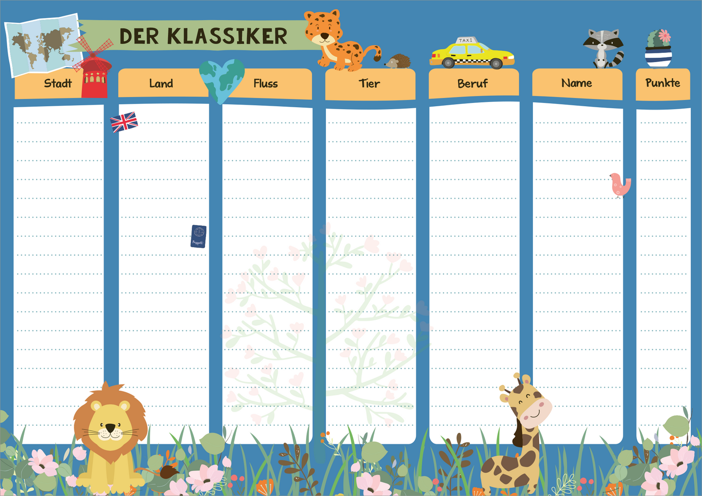Gezeigt wird eine Innen- oder Zusatzansicht von „Stadt, Land, Ferienspaß“. Die Darstellung zeigt einen strukturierten Spielplan in sanften Farben, überwiegend Blau und Grün. Oben sind die Kategorien „Stadt“, „Land“, „Fluss“, „Tier“, „Beruf“, „Name“ und „Punkte“ in klarer, großer Schrift angeordnet. Dekorative Illustrationen von Tieren, wie einem Löwen und einer Giraffe, umrahmen die Seiten. Blumen und grüne Elemente ergänzen das fröhliche Design, das eine...