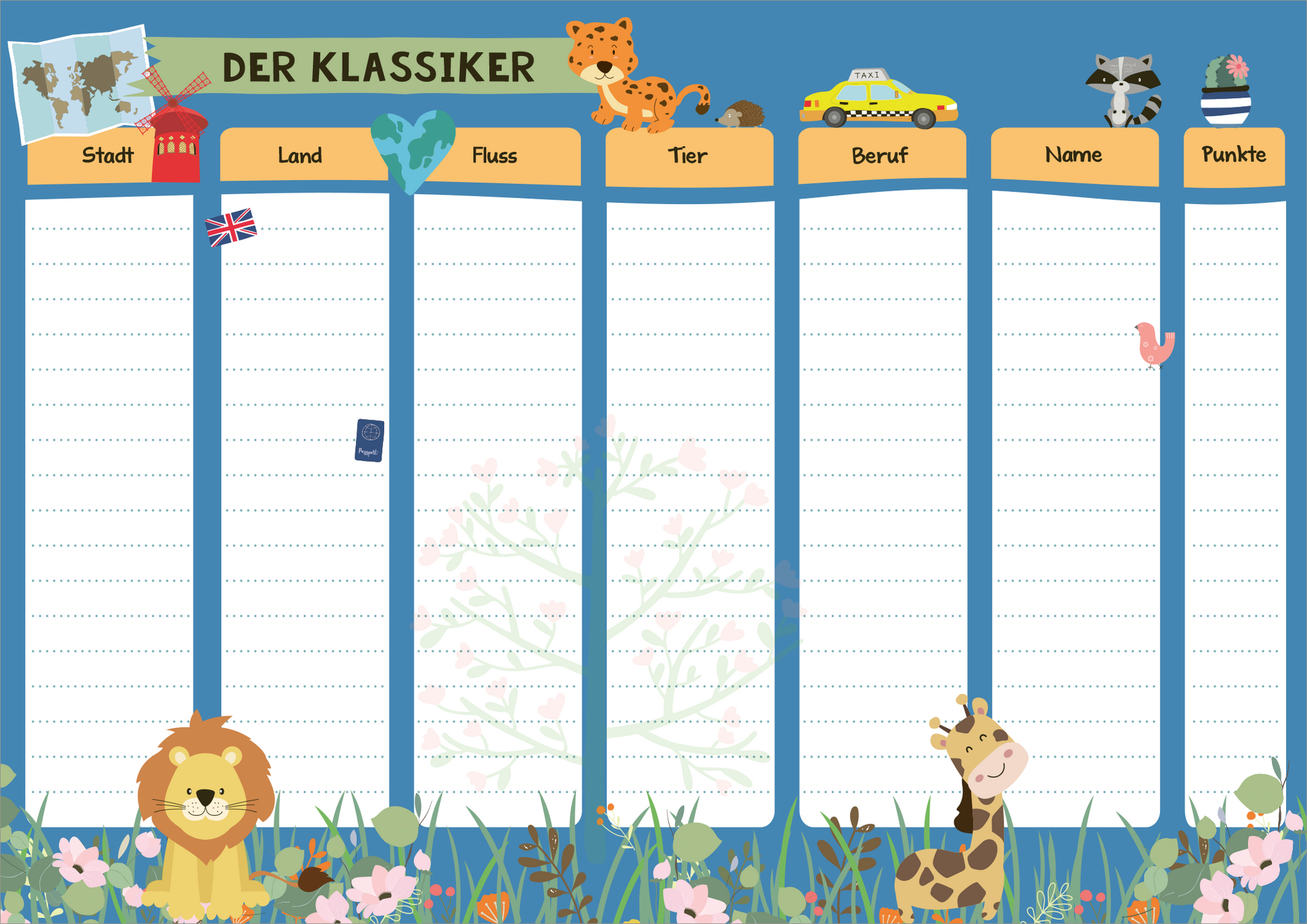 Gezeigt wird eine Innen- oder Zusatzansicht von „Stadt, Land, Ferienspaß“. Die Darstellung zeigt einen strukturierten Spielplan in sanften Farben, überwiegend Blau und Grün. Oben sind die Kategorien „Stadt“, „Land“, „Fluss“, „Tier“, „Beruf“, „Name“ und „Punkte“ in klarer, großer Schrift angeordnet. Dekorative Illustrationen von Tieren, wie einem Löwen und einer Giraffe, umrahmen die Seiten. Blumen und grüne Elemente ergänzen das fröhliche Design, das eine...