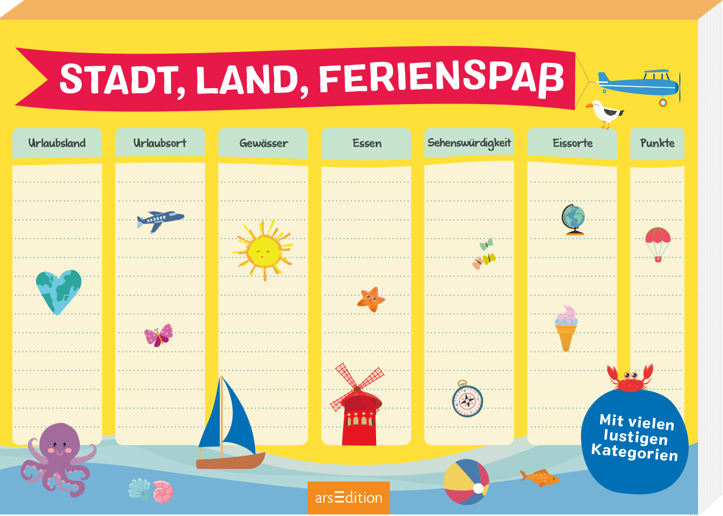 Das Buchcover zeigt einen bunten, fröhlichen Hintergrund in sanften Farben mit Illustrationen von Urlaubssymbolen wie einem Flugzeug, einer Sonne, einer Windmühle und einem Boot. Oben in einem auffälligen Rot ist der Titel „STADT, LAND, FERIENSPASS“ in großen, kindgerechten Buchstaben platziert. Darunter sind Spalten für verschiedene Kategorien wie „Urlaubsland“ und „Essen“ angedeutet, die ebenfalls mit kleinen Bildern geschmückt sind. Ganz unten mittig steht der...
