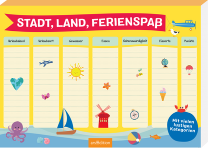 Das Buchcover zeigt einen bunten, fröhlichen Hintergrund in sanften Farben mit Illustrationen von Urlaubssymbolen wie einem Flugzeug, einer Sonne, einer Windmühle und einem Boot. Oben in einem auffälligen Rot ist der Titel „STADT, LAND, FERIENSPASS“ in großen, kindgerechten Buchstaben platziert. Darunter sind Spalten für verschiedene Kategorien wie „Urlaubsland“ und „Essen“ angedeutet, die ebenfalls mit kleinen Bildern geschmückt sind. Ganz unten mittig steht der...