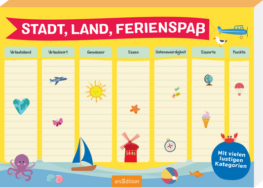 Das Buchcover zeigt einen bunten, fröhlichen Hintergrund in sanften Farben mit Illustrationen von Urlaubssymbolen wie einem Flugzeug, einer Sonne, einer Windmühle und einem Boot. Oben in einem auffälligen Rot ist der Titel „STADT, LAND, FERIENSPASS“ in großen, kindgerechten Buchstaben platziert. Darunter sind Spalten für verschiedene Kategorien wie „Urlaubsland“ und „Essen“ angedeutet, die ebenfalls mit kleinen Bildern geschmückt sind. Ganz unten mittig steht der...