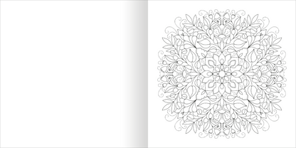 Gezeigt wird eine Innen- oder Zusatzansicht von „Aquarell-Malblock – Mandalas“. Die Seite zeigt ein ausgearbeitetes, symmetrisches Mandala-Design in zarten, schwungvollen Linien. Auf der linken Seite bleibt der Hintergrund unbebaut, während das Mandala auf der rechten Seite zentral angeordnet ist. Die Linien sind schwarz auf weißem Hintergrund, was einen klaren Kontrast schafft. Die typografische Schriftart ist klar und gut lesbar, ideal für kreative Entfaltung und Ausmalen.