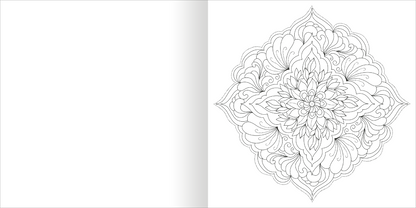 Gezeigt wird eine Innen- oder Zusatzansicht von „Aquarell-Malblock – Mandalas“. Die Abbildung zeigt eine detaillierte Mandala-Zeichnung auf der rechten Seite, umgeben von einem weißen Hintergrund. Die Linien sind fein und geschwungen, was eine harmonische Komposition aus geometrischen und floralen Motiven ergibt. Die Typografie ist klar und in einer modernen Schriftart gehalten. Links ist eine leere Seite, die Platz für eigene kreative Entwürfe bietet.