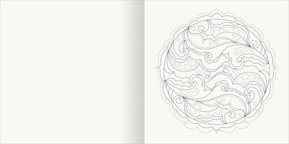 Gezeigt wird eine Innen- oder Zusatzansicht von „Aquarell-Malblock – Mandalas“. Die Seite zeigt ein detailliertes, kreisförmiges Mandala-Muster mit geschwungenen Linien und floralen Elementen in sanften, geschwungenen Formen. Die Zeichnung ist lediglich in Schwarz auf einem hellen, cremefarbenen Hintergrund dargestellt, was einen harmonischen und einladenden Eindruck vermittelt. Die Typografie ist nicht sichtbar, da es sich um eine rein grafische Darstellung handelt.