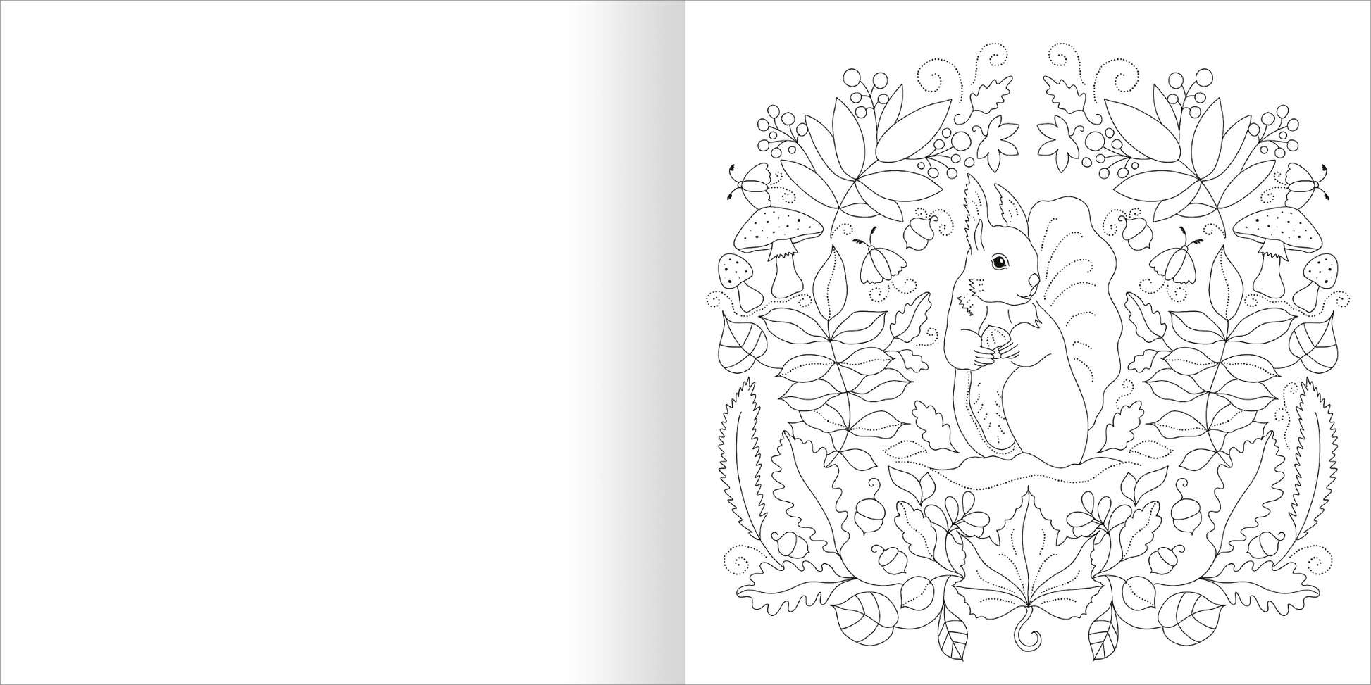 Gezeigt wird eine Innen- oder Zusatzansicht von „Aquarell-Malblock – Im Wald“. Die Abbildung zeigt eine lineare Zeichnung eines Eichhörnchens, das in einer üppigen Umrandung aus Blättern, Blumen und Pilzen sitzt. Die Konturen sind klar und zeichnerisch gestaltet, ideal zum Ausmalen. Die linksseitige Seite bleibt leer und bietet Raum für kreative Gestaltungen. Die feinen Linien und naturinspirierten Motive verleihen dem Bild einen verspielten Charakter.
