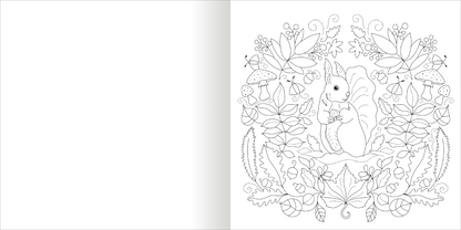Gezeigt wird eine Innen- oder Zusatzansicht von „Aquarell-Malblock – Im Wald“. Die Abbildung zeigt eine lineare Zeichnung eines Eichhörnchens, das in einer üppigen Umrandung aus Blättern, Blumen und Pilzen sitzt. Die Konturen sind klar und zeichnerisch gestaltet, ideal zum Ausmalen. Die linksseitige Seite bleibt leer und bietet Raum für kreative Gestaltungen. Die feinen Linien und naturinspirierten Motive verleihen dem Bild einen verspielten Charakter.