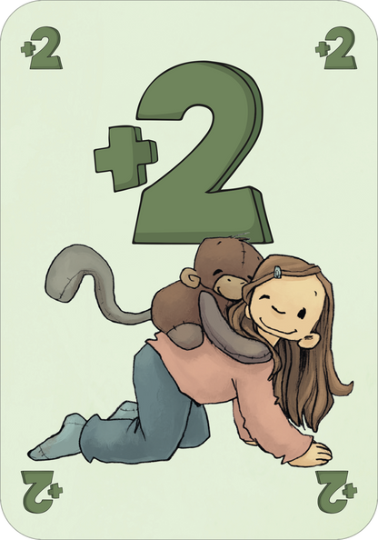 Gezeigt wird eine Innen- oder Zusatzansicht von „Anouk – Mau-Mau“. Die Karte zeigt ein niedliches, cartoonhaftes Bild eines Mädchens in einem rosa Oberteil, das auf allen Vieren sitzt und von einem Kuscheltier-Affen umarmt wird, der auf ihrem Rücken sitzt. Im Hintergrund ist eine hellgrüne Fläche, die mit einer großen grünen „+2“ in der Mitte und kleinen „2“ in den Ecken ergänzt wird. Die fröhliche Typografie und die sanften Farben vermitteln eine verspielte Atmosphäre.