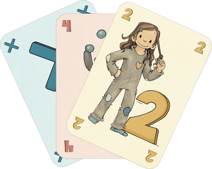 Gezeigt wird eine Innen- oder Zusatzansicht von „Anouk – Mau-Mau“. Die Ansicht zeigt drei Spielkarten in unterschiedlichen Farben. Die oberste Karte zeigt Anouk in ihrem Schlafanzug, wie sie eine Haarsträhne um ihren Finger wickelt und nett lächelt. Der Stil ist verspielt und kindgerecht, geeignet für ein junges Publikum.