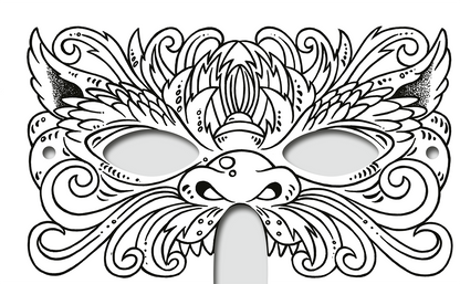 Gezeigt wird eine Innen- oder Zusatzansicht von „Diamantmasken – Zauberwesen“. Die Maske weist ein verschnörkeltes, filigranes Design mit geschwungenen Linien und stilisierten Tiermotiven auf. Schwarz-weiße Farbgebung dominiert, was den detaillierten Zeichnungen eine elegante Intensität verleiht. Die Augenöffnungen sind leer und mittig positioniert, während die unteren Verzierungen eine dynamische Formgebung zeigen. Die Schrift ist verspielt und integriert sich harmonisch in das...