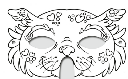 Gezeigt wird eine Innen- oder Zusatzansicht von „Diamantmasken – Zauberwesen“. Die Maske zeigt ein verspieltes Design eines niedlichen Tieres mit geschwungenen Ohren und einer herzförmigen Verzierung. Sie ist schwarz-weiß und in liebevollen Details verziert, darunter kleine Herzen und Punkte, die dem Gesamtbild eine freundliche und fantasievolle Note verleihen. Die Augenöffnungen sind oval und zart umrundet, während die Konturen die Form eines Tiergesichts betonen.