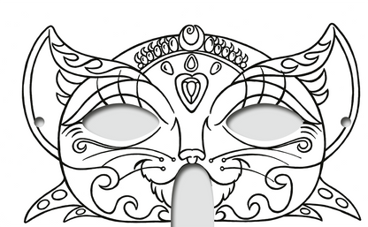 Gezeigt wird eine Innen- oder Zusatzansicht von „Diamantmasken – Zauberwesen“. Die Maske zeigt ein künstlerisches Design mit geschwungenen Linien und filigranen Ornamenten. Sie hat die Form eines Tieres mit großen, runden Augenöffnungen und einem hervorgehobenen Nasenbereich. Die Grundfarbe ist weiß, während Details in Schwarz und eine Vielzahl von komplexen Mustern akzentuiert sind. Die Typografie ist verspielt und verleiht dem Gesamtbild einen märchenhaften Eindruck.