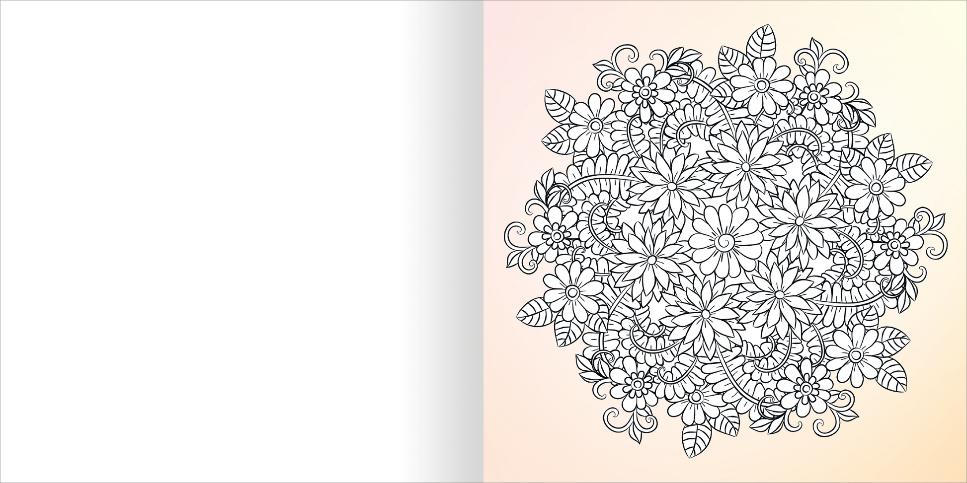 Gezeigt wird eine Innen- oder Zusatzansicht von „Diamond Mandalas“. Die Abbildung zeigt ein kreisförmiges Muster aus detaillierten Blumen und Blättern in Schwarz auf einem hellen, sanften Farbverlauf. Die floralen Elemente sind präzise angeordnet, wobei die verschiedenen Formen und Linien ein harmonisches Gesamtbild schaffen. Die Gestaltung lädt ein, kreativ zu werden und die leeren Flächen farblich auszugestalten.