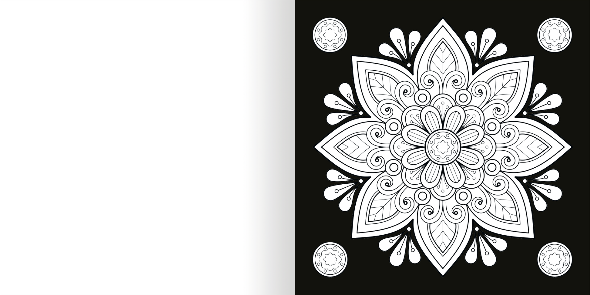 Gezeigt wird eine Innen- oder Zusatzansicht von „Diamond Mandalas“. Die Darstellung zeigt ein großes, symmetrisches Mandala auf schwarzem Hintergrund, ausgeführt in schwarz-weißen kontrastierenden Linien. Das Mandala ist mit filigranen Blättern und geschwungenen Formen verziert, die zentralen Elemente sind eine große Blüte und kreisförmige Motive. Die Typografie ist modern und harmonisch in das Design integriert. Die Gestaltung vermittelt eine meditative und beruhigende Atmosphäre.