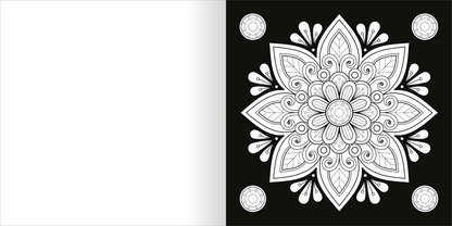 Gezeigt wird eine Innen- oder Zusatzansicht von „Diamond Mandalas“. Die Darstellung zeigt ein großes, symmetrisches Mandala auf schwarzem Hintergrund, ausgeführt in schwarz-weißen kontrastierenden Linien. Das Mandala ist mit filigranen Blättern und geschwungenen Formen verziert, die zentralen Elemente sind eine große Blüte und kreisförmige Motive. Die Typografie ist modern und harmonisch in das Design integriert. Die Gestaltung vermittelt eine meditative und beruhigende Atmosphäre.