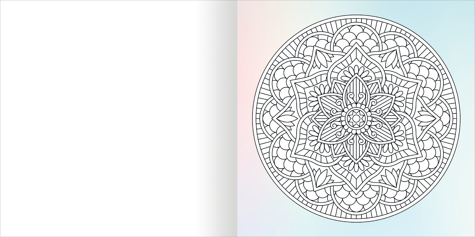 Gezeigt wird eine Innen- oder Zusatzansicht von „Diamond Mandalas“. Die Grafik zeigt ein detailliertes, runde Mandala-Muster in Schwarz auf einem sanft gefärbten Hintergrund. Das Mandala ist symmetrisch aufgebaut und umfasst zahlreiche geometrische Formen sowie florale Elemente, die harmonisch miteinander verbunden sind. Die filigrane Linienführung lädt zum Ausmalen ein und fördert die Kreativität. Der linke Seitenbereich bleibt leer und bietet Raum für persönliche Notizen oder...