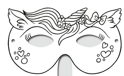 Gezeigt wird eine Innen- oder Zusatzansicht von „Diamantmasken – Feen“. Die Maske hat die Form eines Einhorns mit Nike und fließenden Linien, die das Haar darstellen. Sie ist geschmückt mit kleinen Blumen und Herzmotiven, die den verspielten Charakter betonen. Die Farbgestaltung ist klar und einfach gehalten, was den Fokus auf die Details der Zeichnung lenkt. Die typografischen Elemente sind kinderfreundlich und harmonisch in das Gesamtdesign integriert.