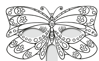 Gezeigt wird eine Innen- oder Zusatzansicht von „Diamantmasken – Feen“. Die Maske hat die Form eines Schmetterlings mit detaillierten, schwungvollen Mustern. Sie ist umgeben von floralen Motiven und geschwungenen Linien. Die Darstellung erfolgt in Schwarz auf einem weißen Hintergrund, was die zarten Linien und die Anordnung der Design-Elemente betont. Die Augenöffnungen sind oval und sorgen für eine harmonische Gesamtwirkung.