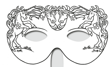 Gezeigt wird eine Innen- oder Zusatzansicht von „Diamantmasken – Feen“. Die Maske zeigt eine fantasievolle Gestaltung mit drei sich überlappenden Einhörnern, die lebhaft in verschiedenen Positionen dargestellt sind. Die Umrisse sind klar und präzise, während die Details mit floralen Elementen und Schattierungen ergänzt werden. Die hauptsächlichen Farben sind sanfte Pastelltöne, die die märchenhafte Ästhetik unterstreichen. Die Typografie ist verspielt und harmoniert mit dem...