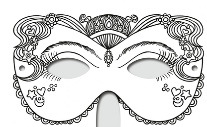 Gezeigt wird eine Innen- oder Zusatzansicht von „Diamantmasken – Feen“. Die Maske ist in einem filigranen, elfenhaften Design gehalten und zeigt verschnörkelte Linien und zarte Blumenmuster. Sie ist überwiegend in Weiß und Schwarz gestaltet, mit Herz- und Sternmotiven in verschiedenen Größen, die sich harmonisch in die Gesamtkomposition einfügen. Die Augenöffnungen sind oval und werden von geschwungenen Linien umrahmt, die die feenhaften Elemente betonen.
