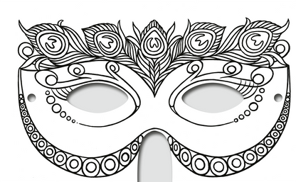 Gezeigt wird eine Innen- oder Zusatzansicht von „Diamantmasken – Feen“. Die Maske ist ornamentiert mit feinen, floralen Mustern und geschwungenen Linien. Farblich ist sie überwiegend in Schwarz gehalten, was die Detailfülle der Zeichnung betont. Die Typografie ist spielerisch und elegant, passend zum magischen Thema der Feen, und die Augenöffnungen sind oval gestaltet, um einen geheimnisvollen Blick zu gewähren.