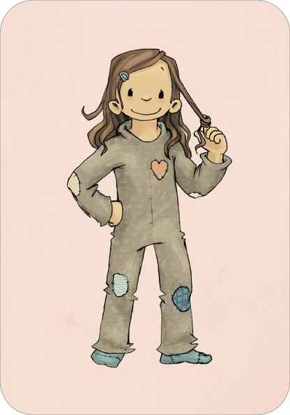 Gezeigt wird eine Innen- oder Zusatzansicht von „Anouk – Ich packe meinen Koffer“. Die Illustration zeigt ein fröhliches Mädchen mit langen, braunen Haaren, das ein graues Overall mit verschiedenen Farbpatches trägt. Der Overall hat einen Herz-Button auf der Brust und wirkt leger und verspielt. Der Hintergrund ist in sanften Rosa-Tönen gehalten, was die positive Ausstrahlung des Mädchens unterstreicht. Die verwendete Typografie ist klar und freundlich gestaltet, ideal für die...