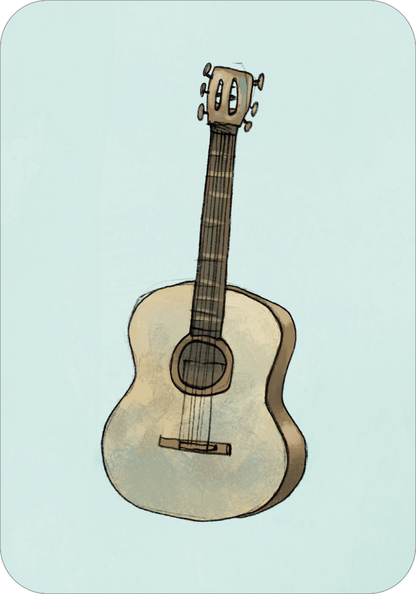 Gezeigt wird eine Innen- oder Zusatzansicht von „Anouk – Ich packe meinen Koffer“. Die Illustration zeigt eine akustische Gitarre in sanften Beige- und Brauntönen vor einem hellblauen Hintergrund. Die Gitarre hat eine runde Schallöffnung und geschwungene Kanten. Die Saiten sind klar erkennbar, ebenso wie die Stimmmechanik am Kopf. Die Verwendung von lockerem, skizzenhaftem Strich vermittelt eine freundliche und einladende Atmosphäre.