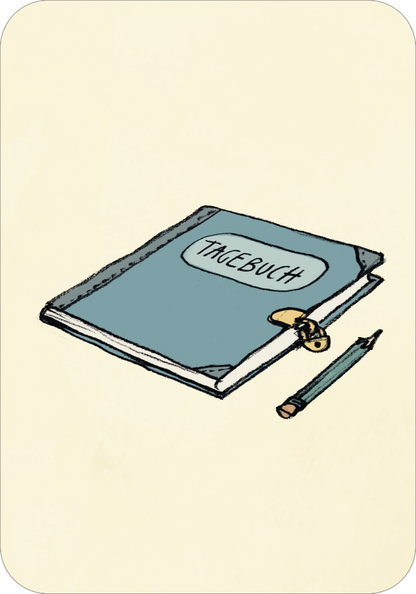 Gezeigt wird eine Innen- oder Zusatzansicht von „Anouk – Ich packe meinen Koffer“. Auf der Abbildung ist ein blaues Tagebuch mit dem handschriftlich geschriebenen Titel „Tagebuch“ zu sehen. Es liegt flach auf einem hellen, beige Hintergrund. Neben dem Tagebuch befindet sich ein grüner Bleistift. Die Linien des Tagebuchs sind dezent und verleihen dem Gesamtbild eine freundliche, einladende Ausstrahlung.