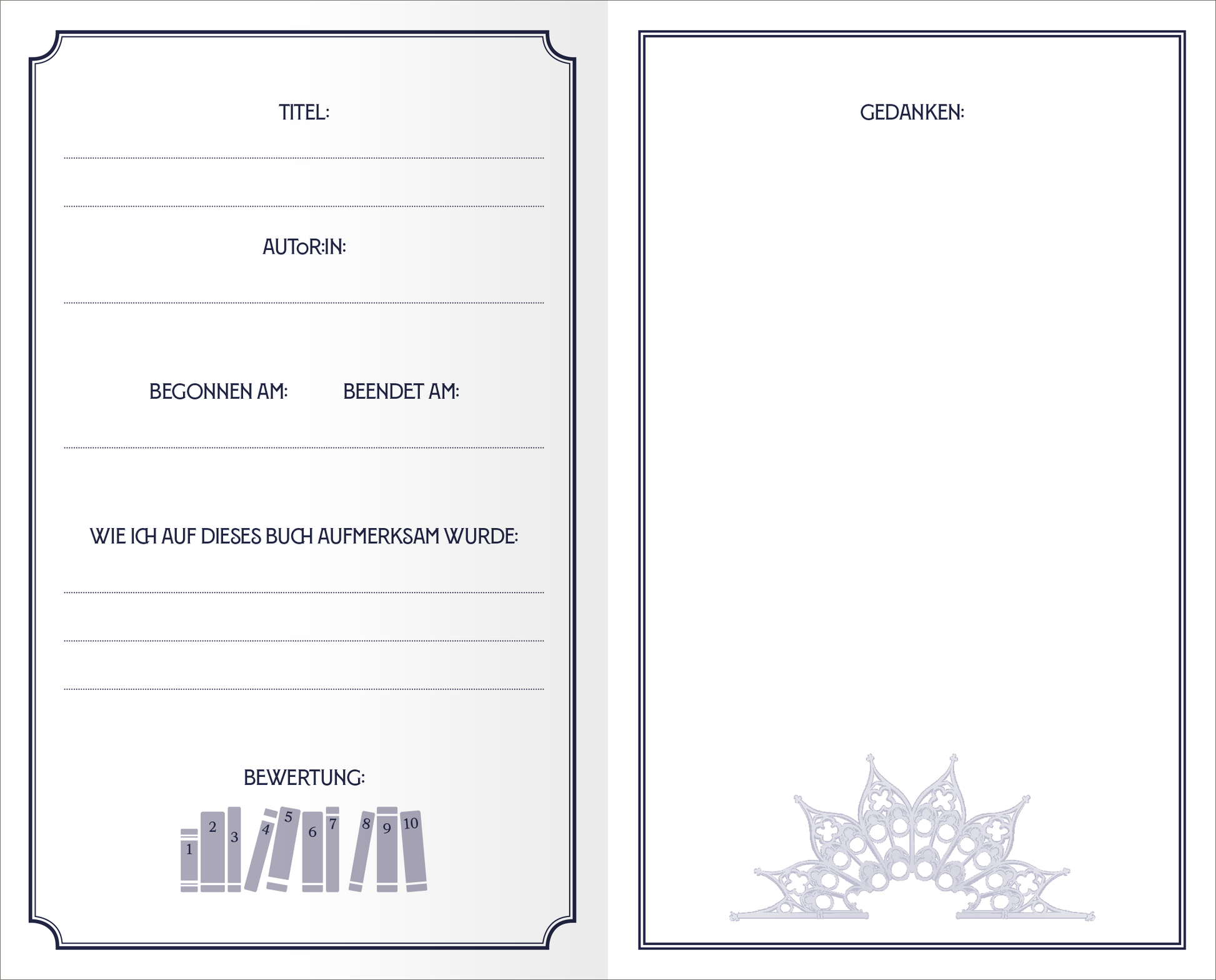 Gezeigt wird eine Innen- oder Zusatzansicht von „Mein Büchertagebuch“. Die Seite ist in sanften Farben gehalten, mit einer eleganten, schmalen Umrandung. Auf der linken Seite befinden sich mehrere Beschriftungen zum Ausfüllen, darunter „Titel“, „Autorin“ und „Begonnen am“, jeweils in klarer, gut lesbarer Schrift. Rechts ist eine leere Fläche mit der Überschrift „Gedanken“ sowie einem zarten, ornamental gestalteten Detail am unteren Rand. Die Typografie ist durchgängig...