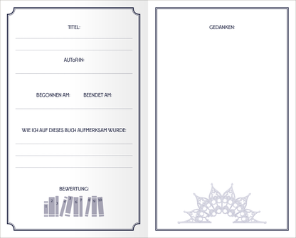 Gezeigt wird eine Innen- oder Zusatzansicht von „Mein Büchertagebuch“. Die Seite ist in sanften Farben gehalten, mit einer eleganten, schmalen Umrandung. Auf der linken Seite befinden sich mehrere Beschriftungen zum Ausfüllen, darunter „Titel“, „Autorin“ und „Begonnen am“, jeweils in klarer, gut lesbarer Schrift. Rechts ist eine leere Fläche mit der Überschrift „Gedanken“ sowie einem zarten, ornamental gestalteten Detail am unteren Rand. Die Typografie ist durchgängig...