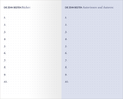 Gezeigt wird eine Innenansicht von „Mein Büchertagebuch“. Die Seite ist in zwei Spalten unterteilt. Links befindet sich der Titel „DIE ZEHN BESTEN Bücher“ in eleganter, serifenloser Schrift. Die Hintergrundfarbe ist hell und wechselt sanft zu einem blassen Lila auf der rechten Seite, wo „DIE ZEHN BESTEN Autorinnen und Autoren“ steht. Beide Spalten sind mit zehn nummerierten Punkten versehen, die zum Eintragen der Titel und Namen einladen. Die Gestaltung ist übersichtlich und klar...