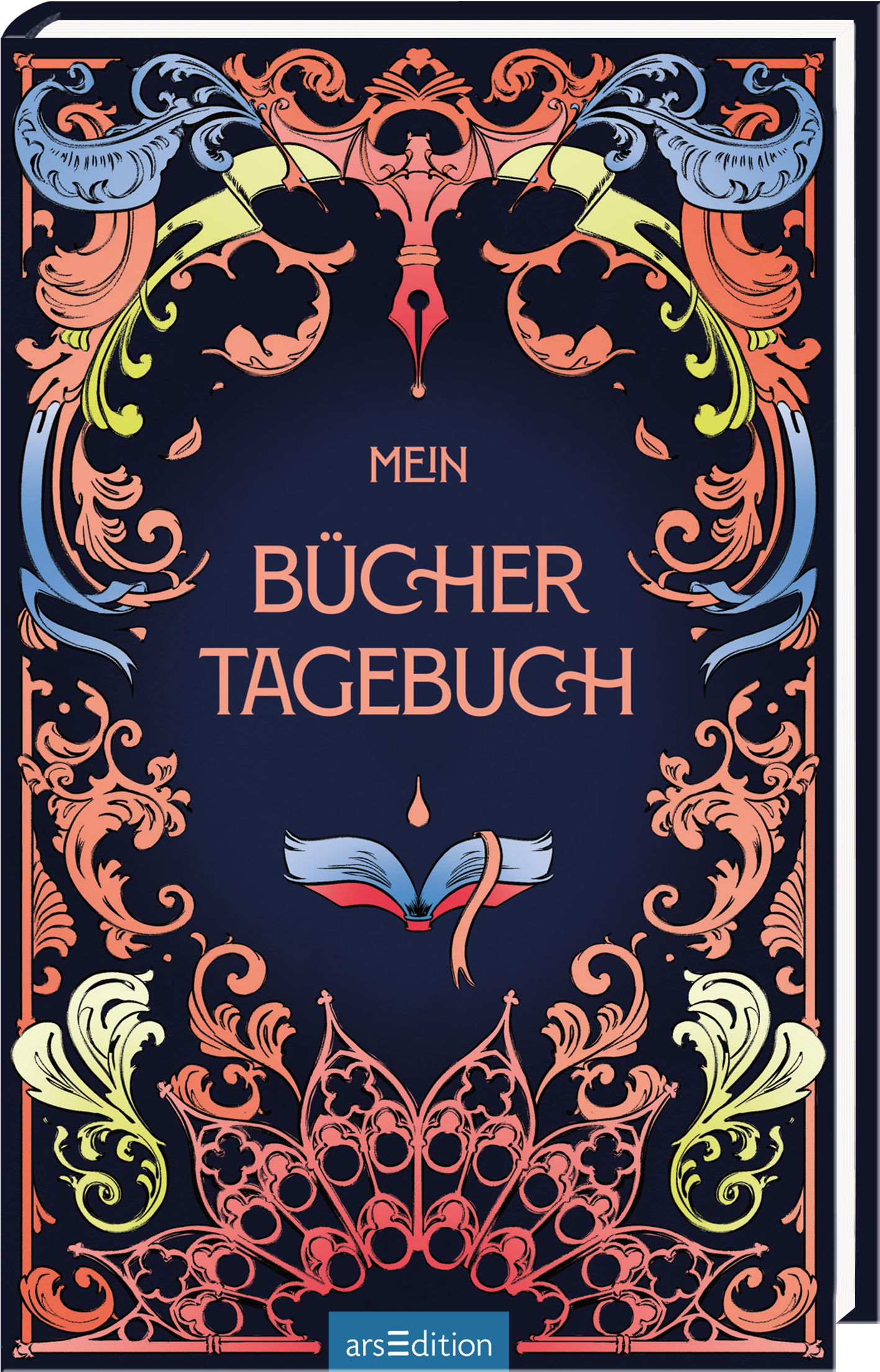 Das Buchcover zeigt einen tiefblauen Hintergrund, der von eleganten, bunten Ornamenten in Orange, Gelb und Hellblau umrahmt wird. In der Mitte steht in großen, goldenen Buchstaben „MEIN BÜCHER TAGEBUCH“. Die verspielte Schriftart fügt sich harmonisch in das florale Design ein. Die lebendige Gestaltung vermittelt Kreativität und Freude am Lesen. Ganz unten mittig steht der Logoschriftzug von arsEdition.