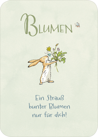 Gezeigt wird eine Innen- oder Zusatzansicht von „Weißt du eigentlich, wie lieb ich dich hab? Das kleine Liebes-ABC“. Der Hintergrund ist zart pastellgrün. Die Überschrift „BLUMEN“ ist in einer verspielten, handgeschriebenen Schrift in hellgrün gehalten. Darunter steht in blauer Schrift: „Ein Strauß bunter Blumen nur für dich!“. Ein niedlicher Hase hält buntes Blumenwerk, was eine fröhliche, liebevolle Stimmung vermittelt.